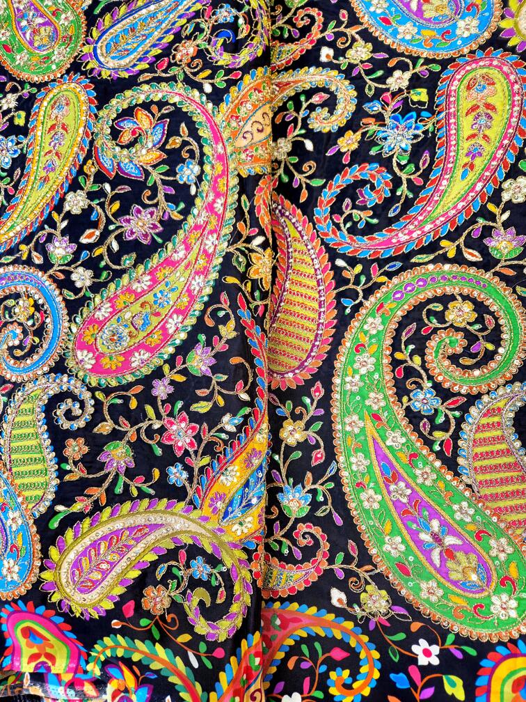 Heavy Gold Zari With Sequins Floral Embroidery On Black Crepe Fabric