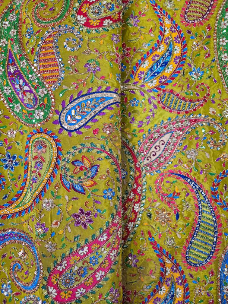 Heavy Gold Zari With Sequins Floral Embroidery On olive green Crepe Fabric