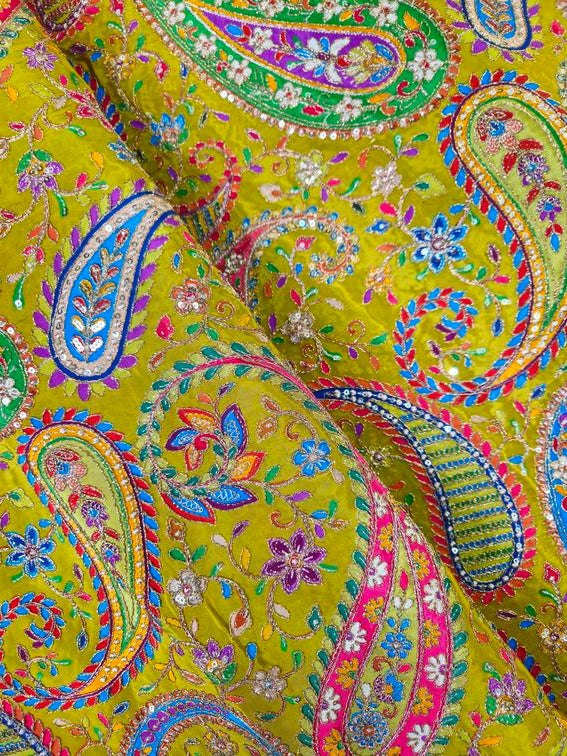 Heavy Gold Zari With Sequins Floral Embroidery On Crepe Fabric (MultiColor)