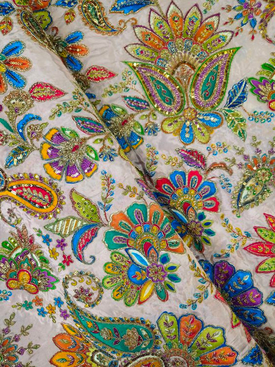 Position Print With Traditional Embroidery On Off-White Crepe Fabric