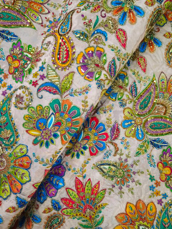 Position Print With Traditional Embroidery On Off-White Crepe Fabric