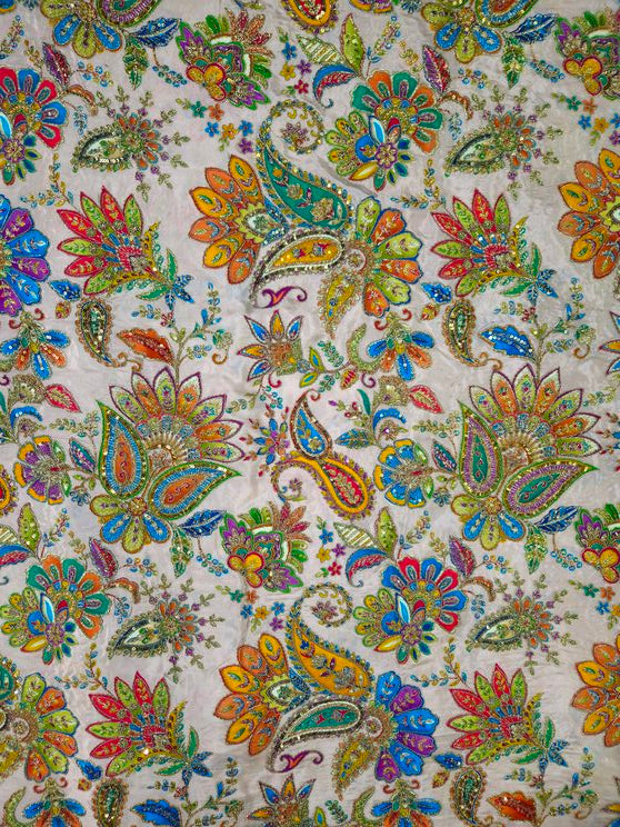 Position Print With Traditional Embroidery On Off-White Crepe Fabric