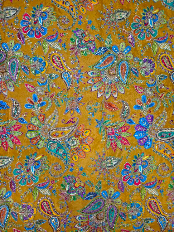 Position Print With Traditional Embroidery On Yellow Crepe Fabric