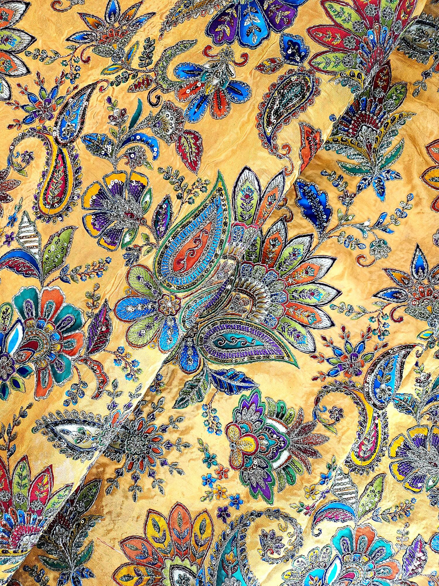 Position Print With Traditional Embroidery On Golden Yellow Crepe Fabric