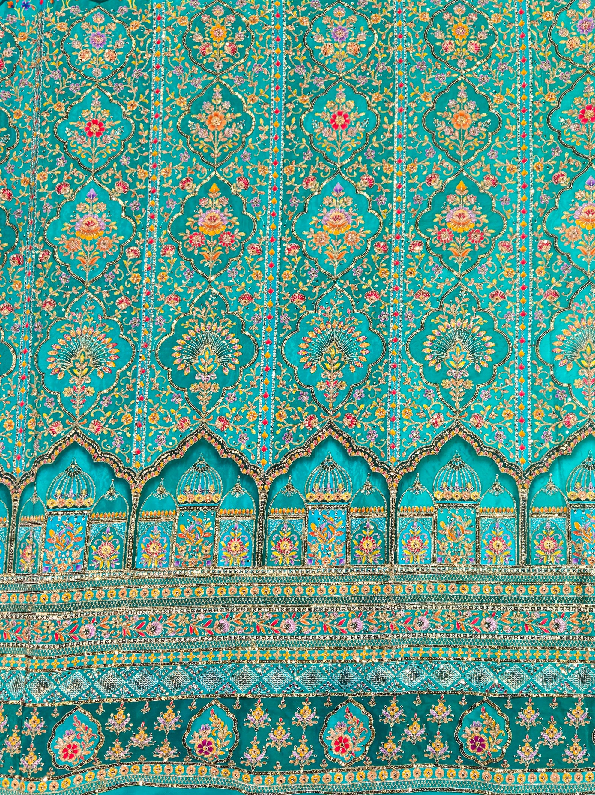 Position Print with Zari And Sequins Floral Embroidery Work On Rama Crepe Fabric
