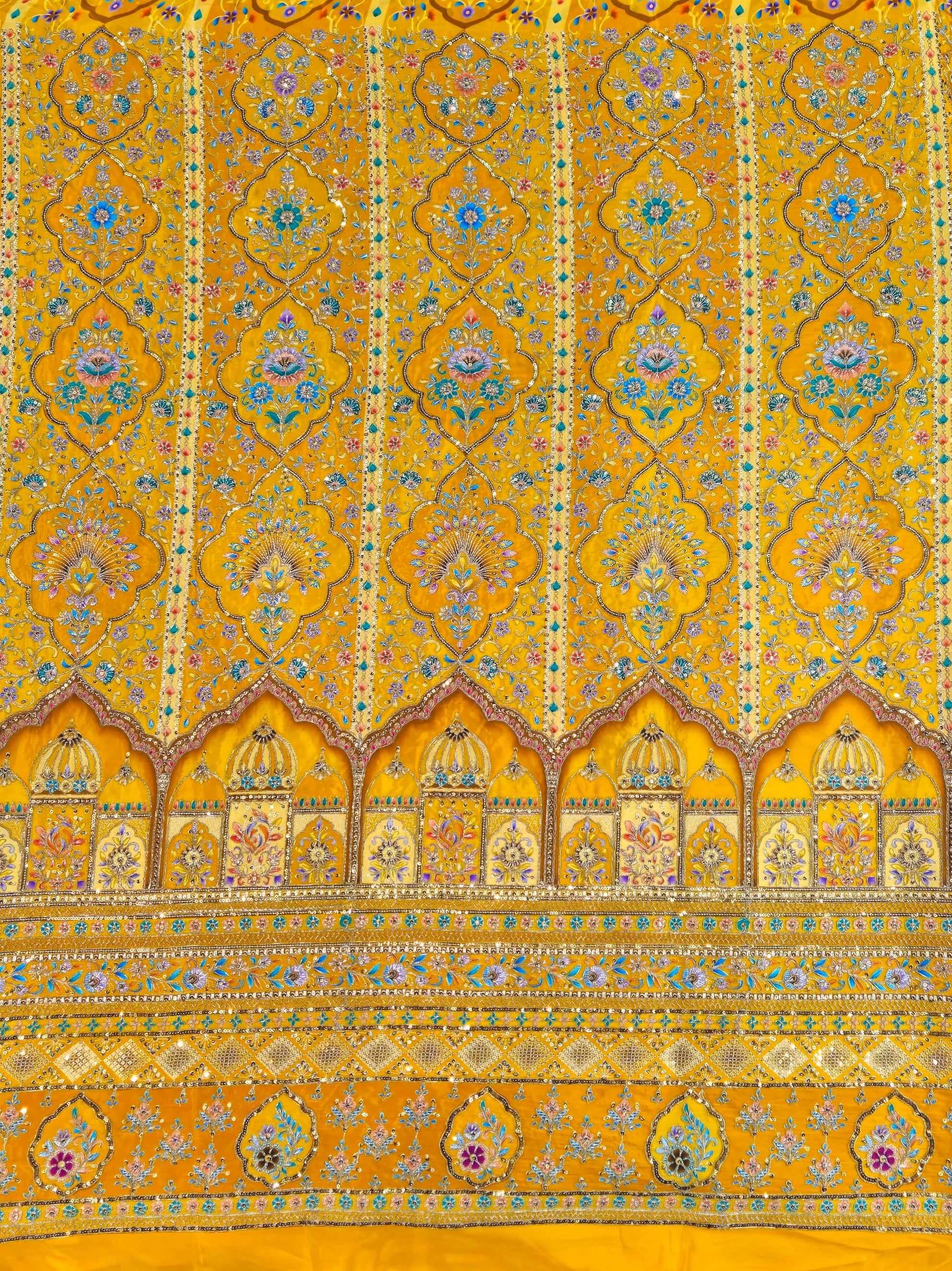 Position Print with Zari And Sequins Floral Embroidery Work On Mustard Crepe Fabric
