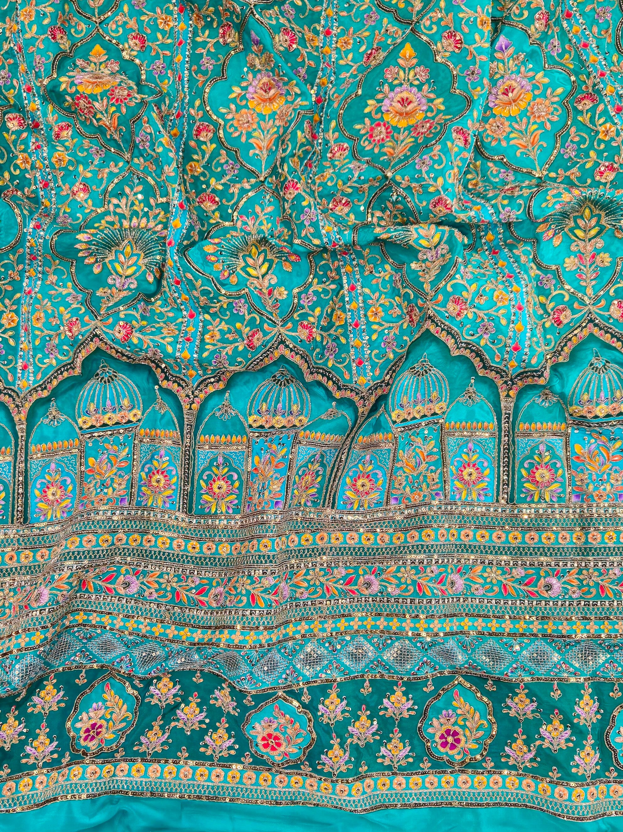 Position Print with Zari And Sequins Floral Embroidery Work On Rama Crepe Fabric