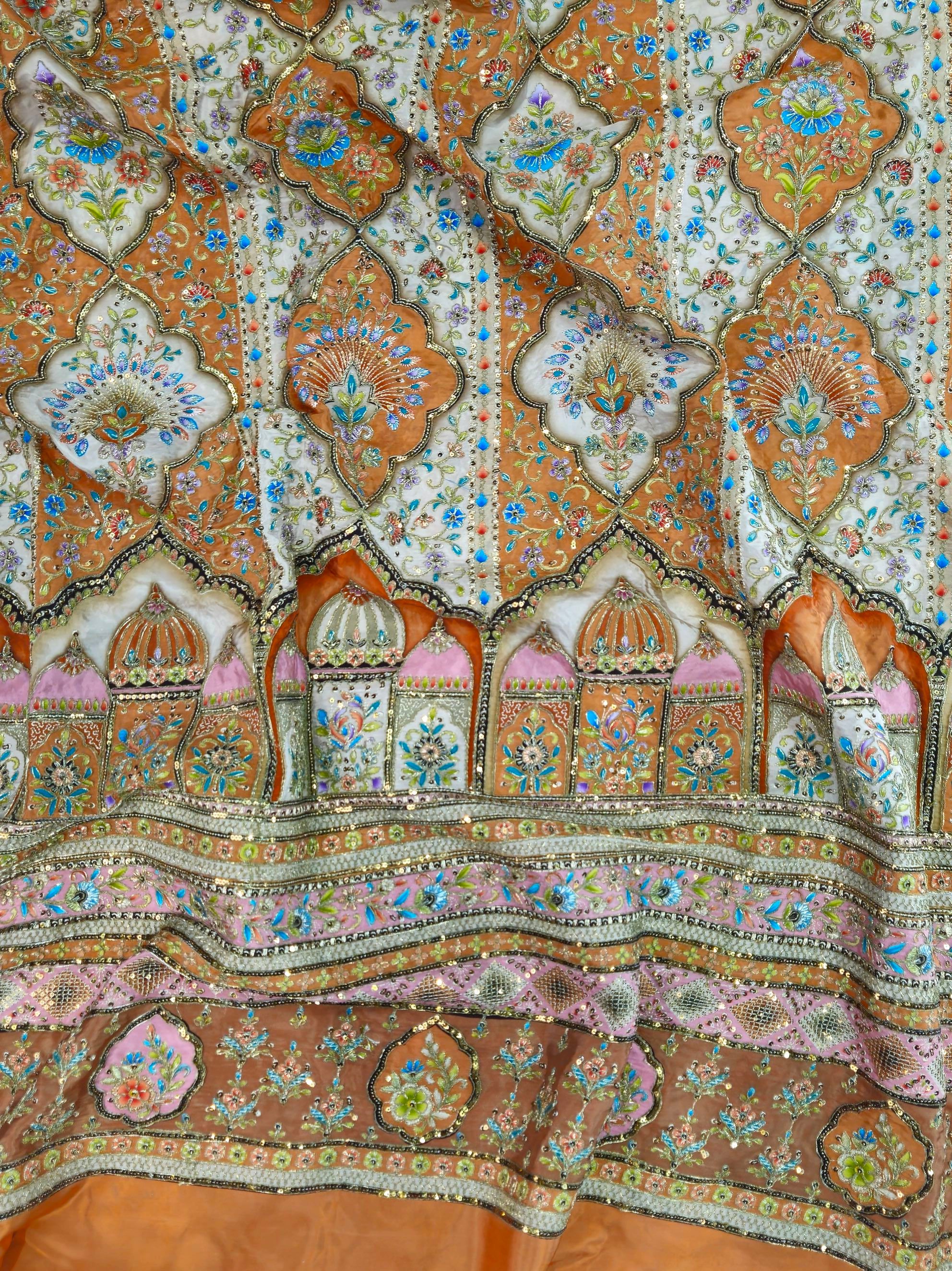 Position Print with Zari And Sequins Floral Embroidery Work On Light Warm Beige Crepe Fabric