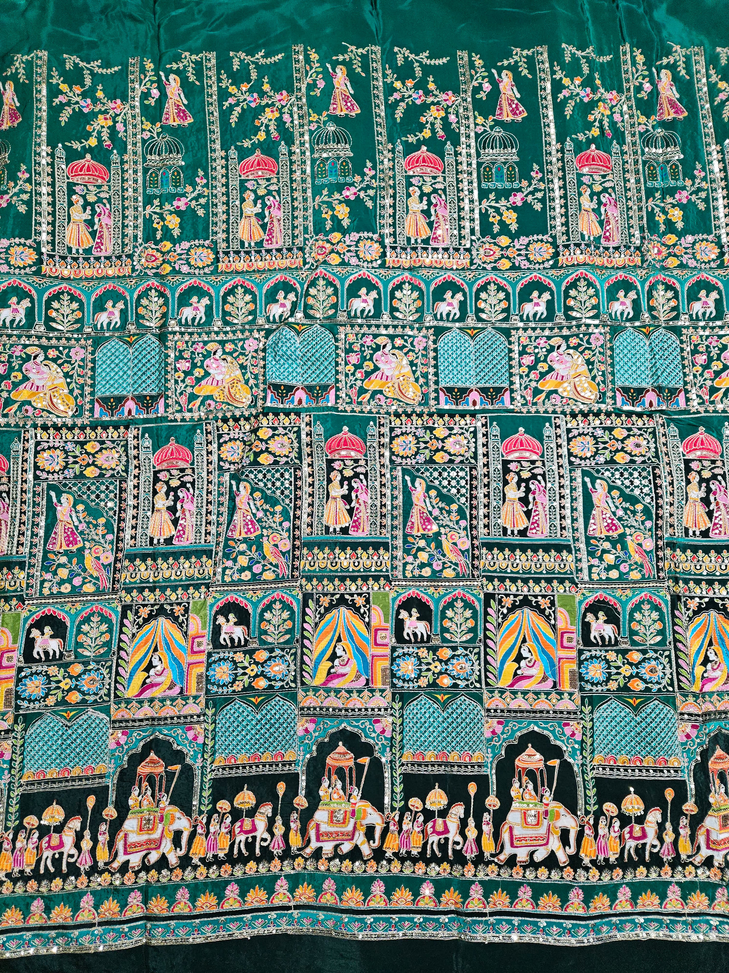 Green Colour Position Print Blouse Only Fabric