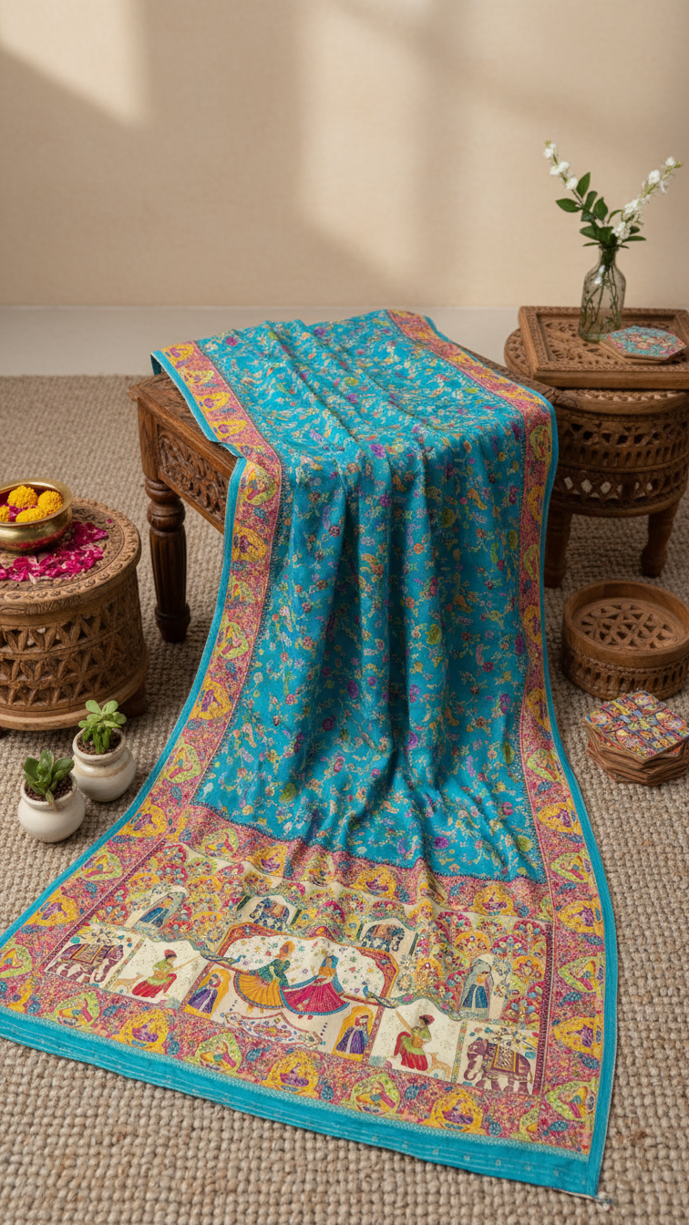 Dola silk Patrol blue jacquard viscose Saree with Multicolor Floral Border