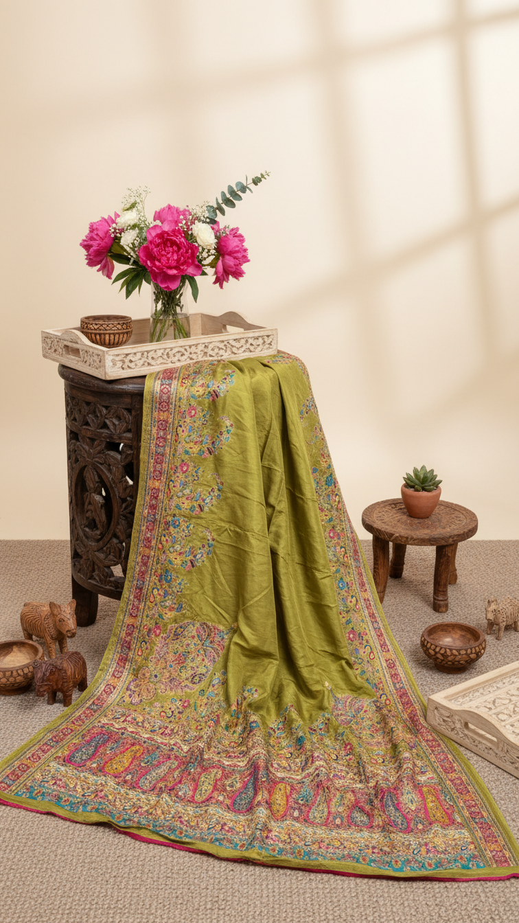 Oilve Green Jacquard Viscose Saree With Position print
