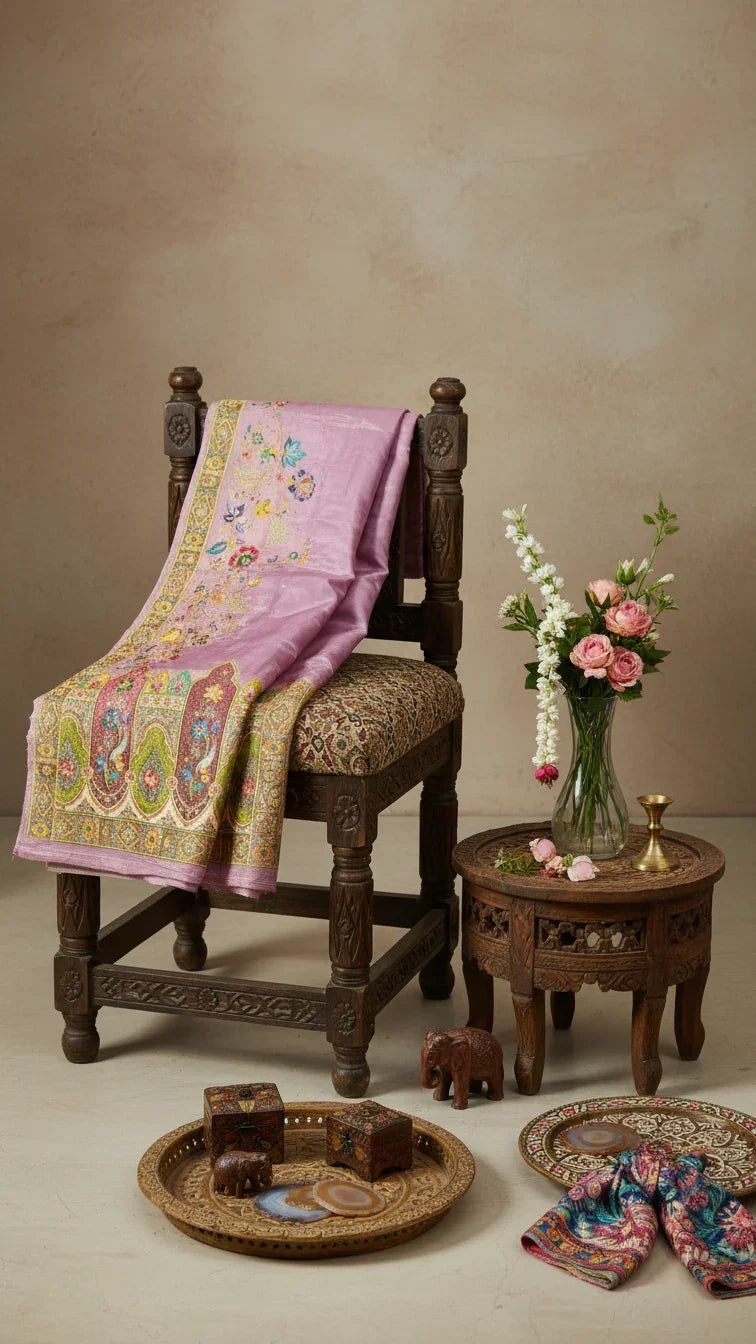 Blush Pink Tissue Silk Saree With Position Print