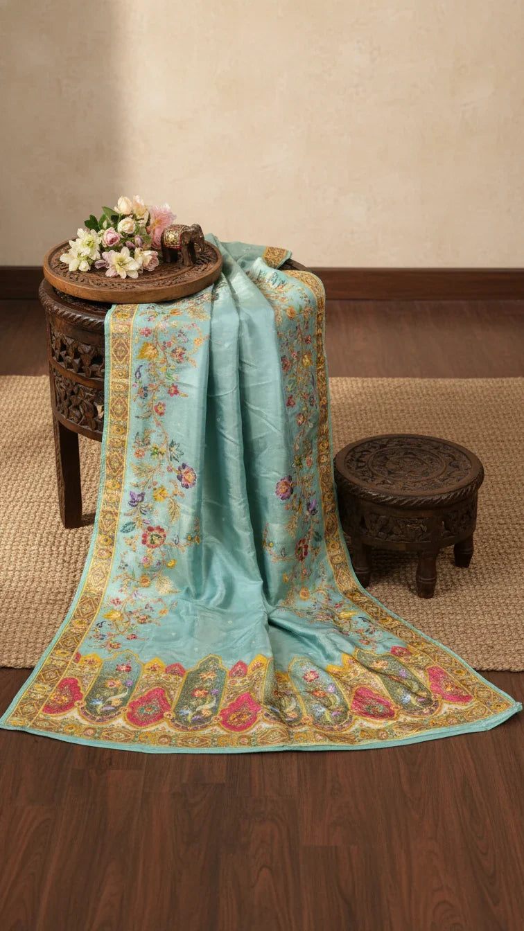 Rama Tissue Silk Saree With Position Print