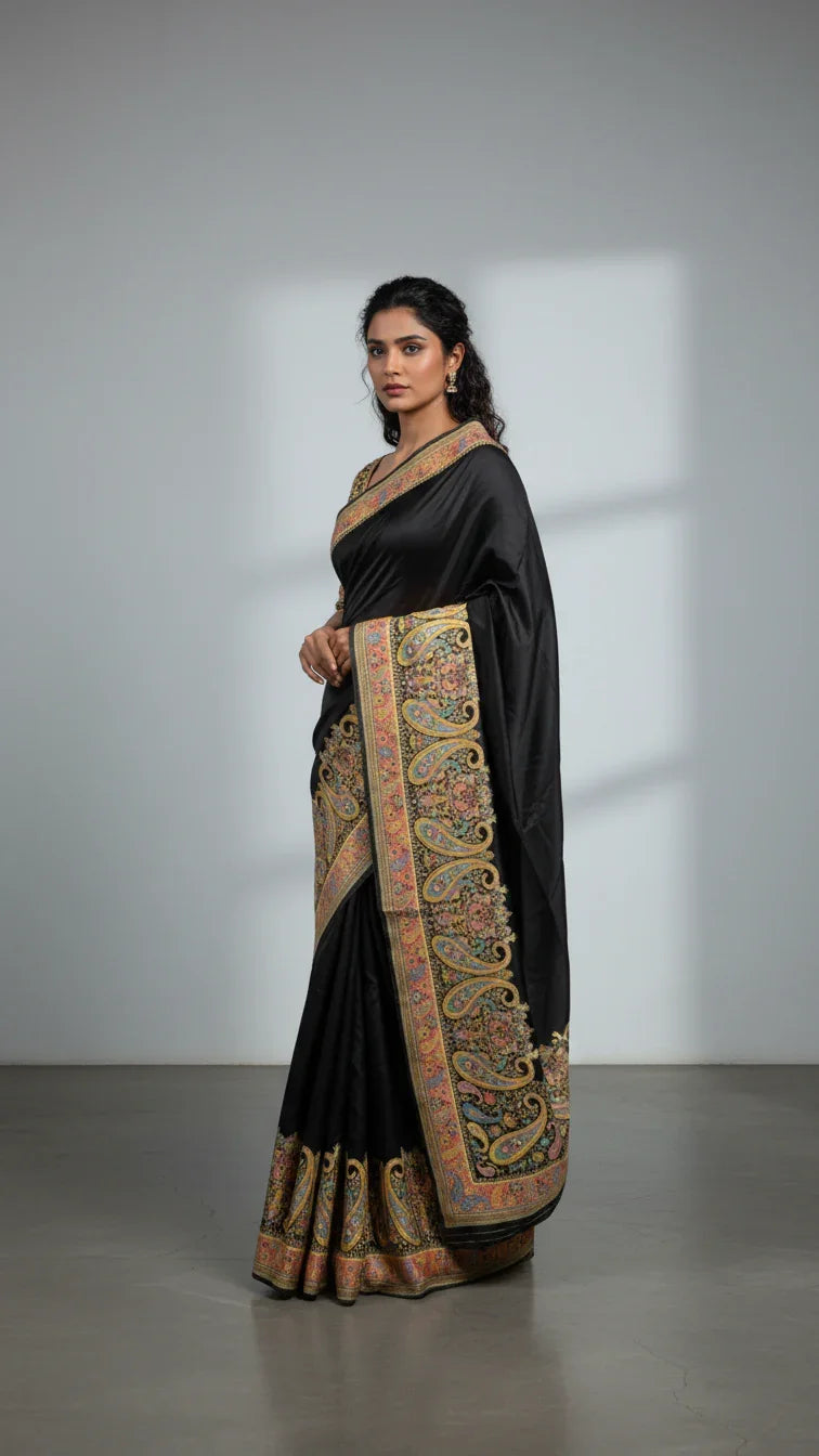 Elegant Black Jacquard Viscose Saree With Position print