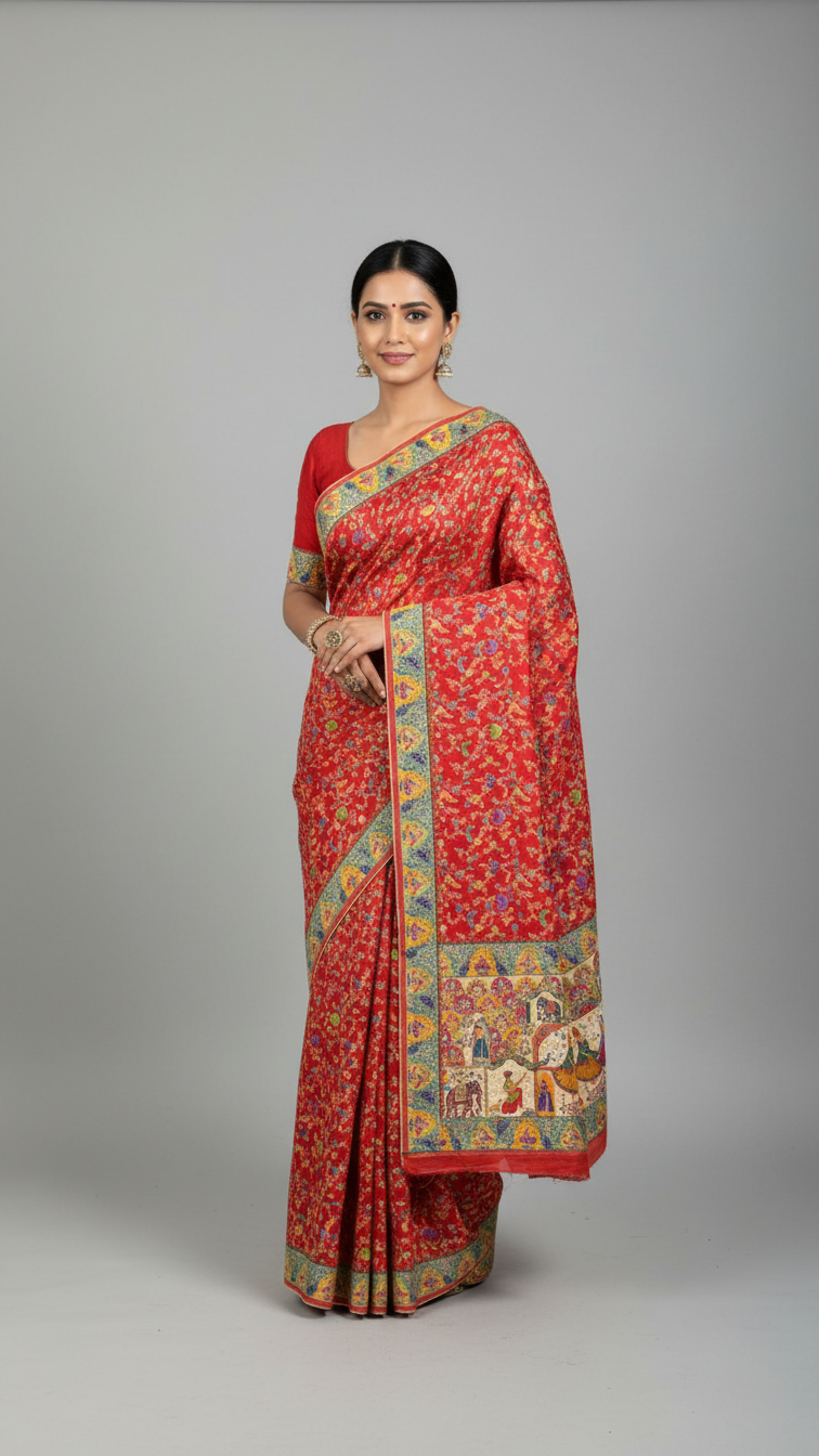 Dola silk red jacquard viscose Saree with Multicolor Floral Border