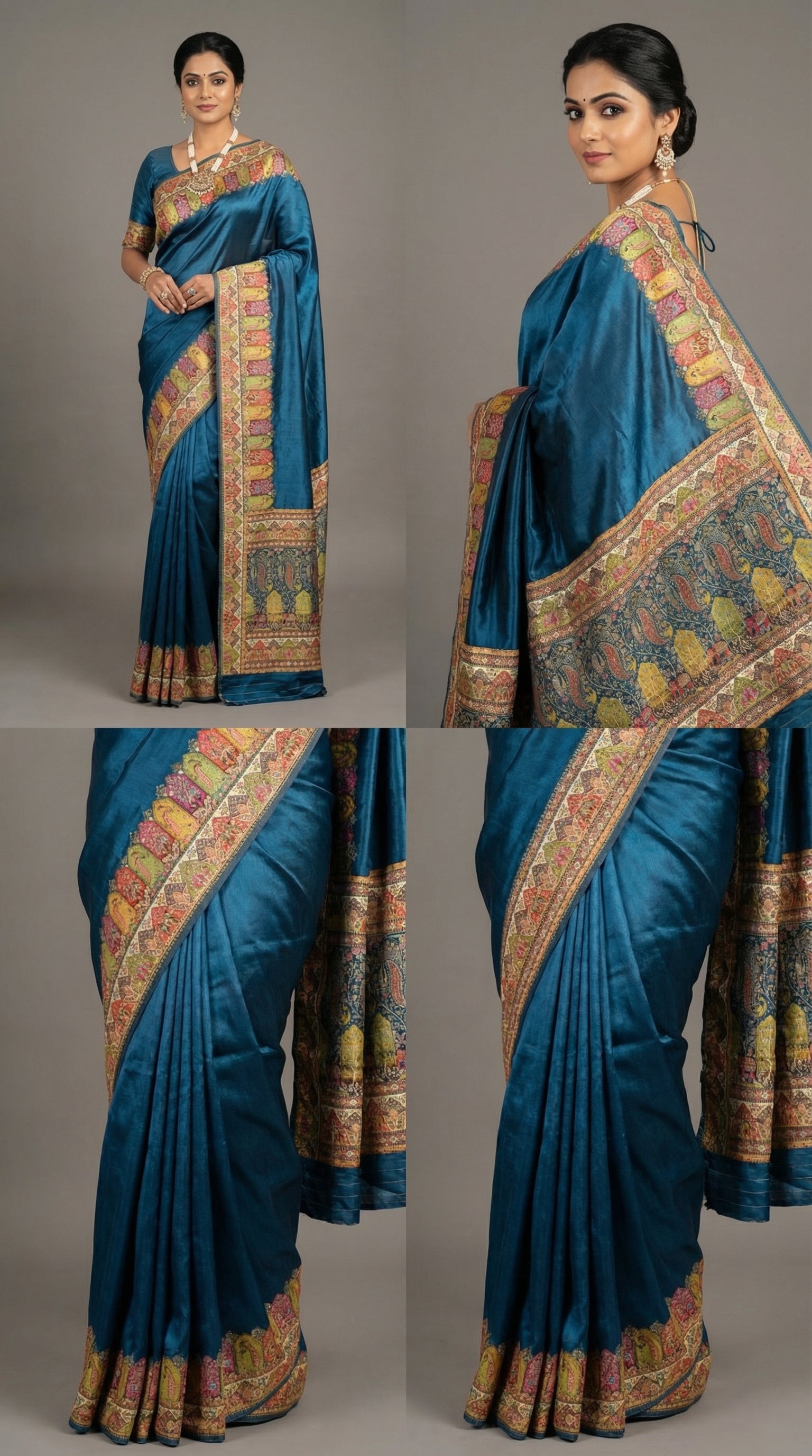 Teal Blue Satin Saree with Multicolor Traditional Border with Position Print