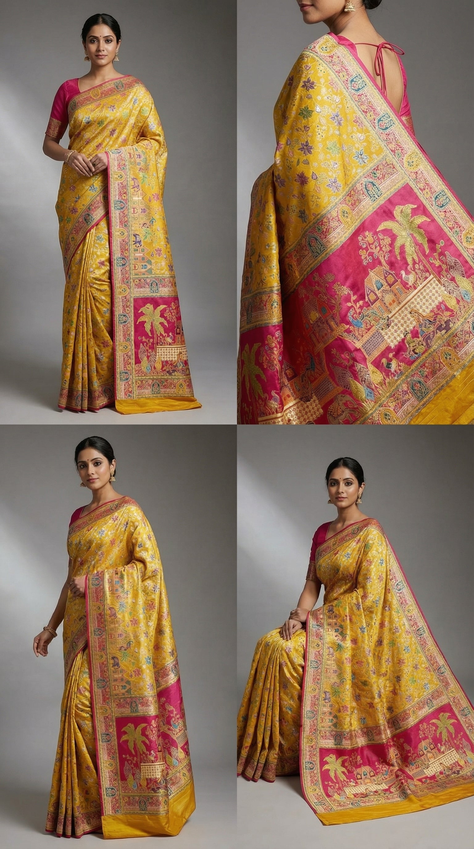 Dola silk Yellow jacquard viscose Saree with Multicolor Floral Border