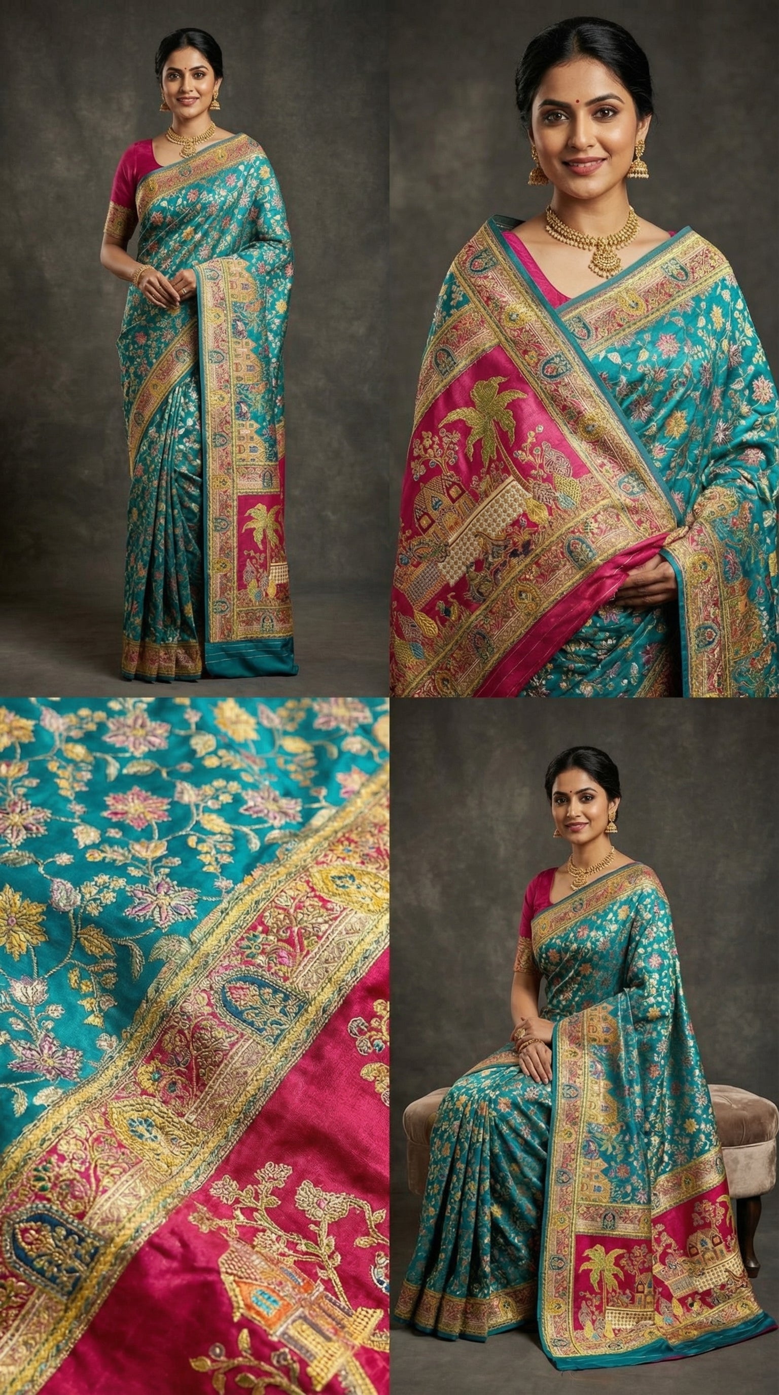 Dola silk Rama jacquard viscose Saree with Multicolor Floral Border