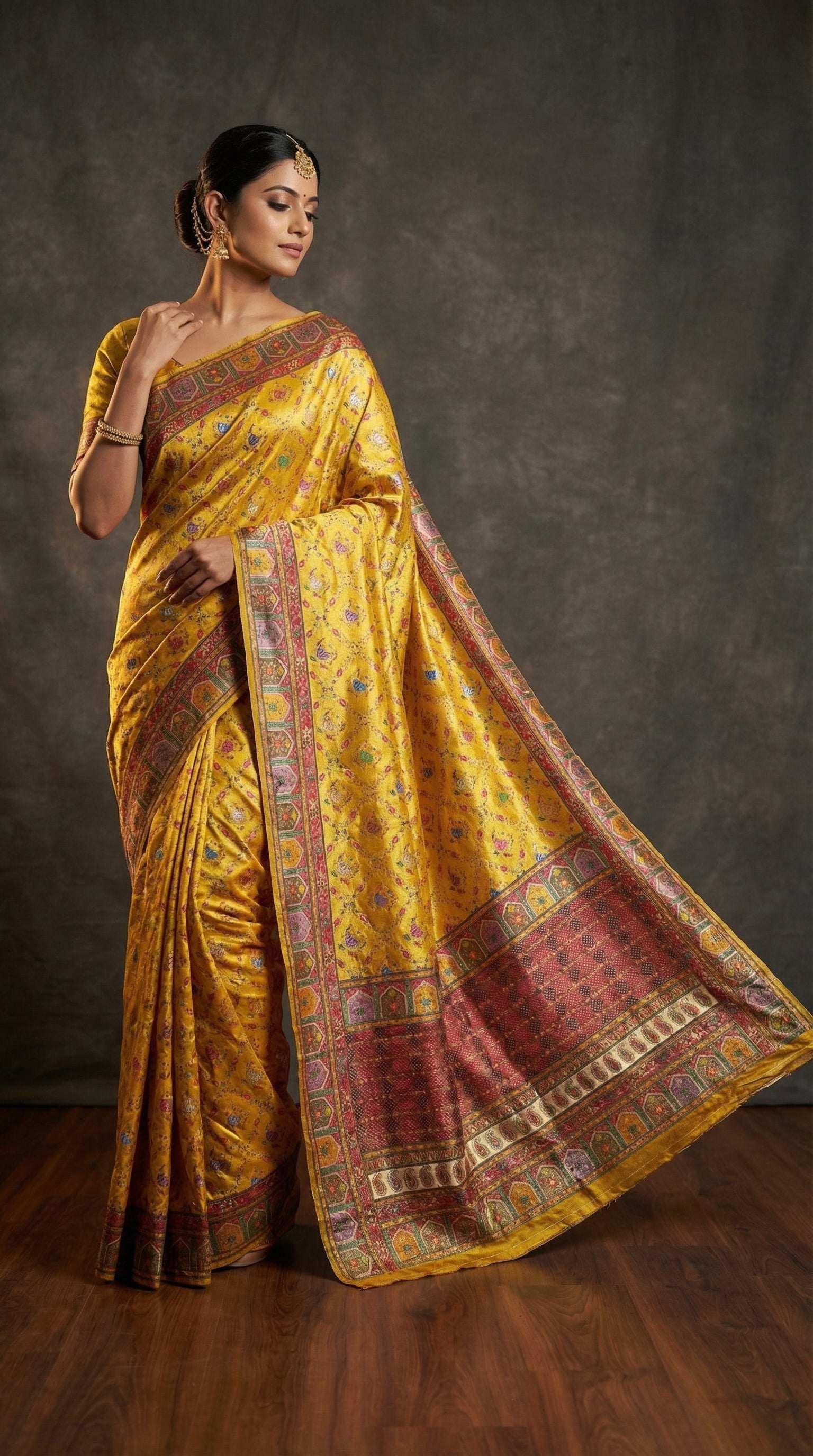 Yellow Fancy Satin Traditional saree with Position Print