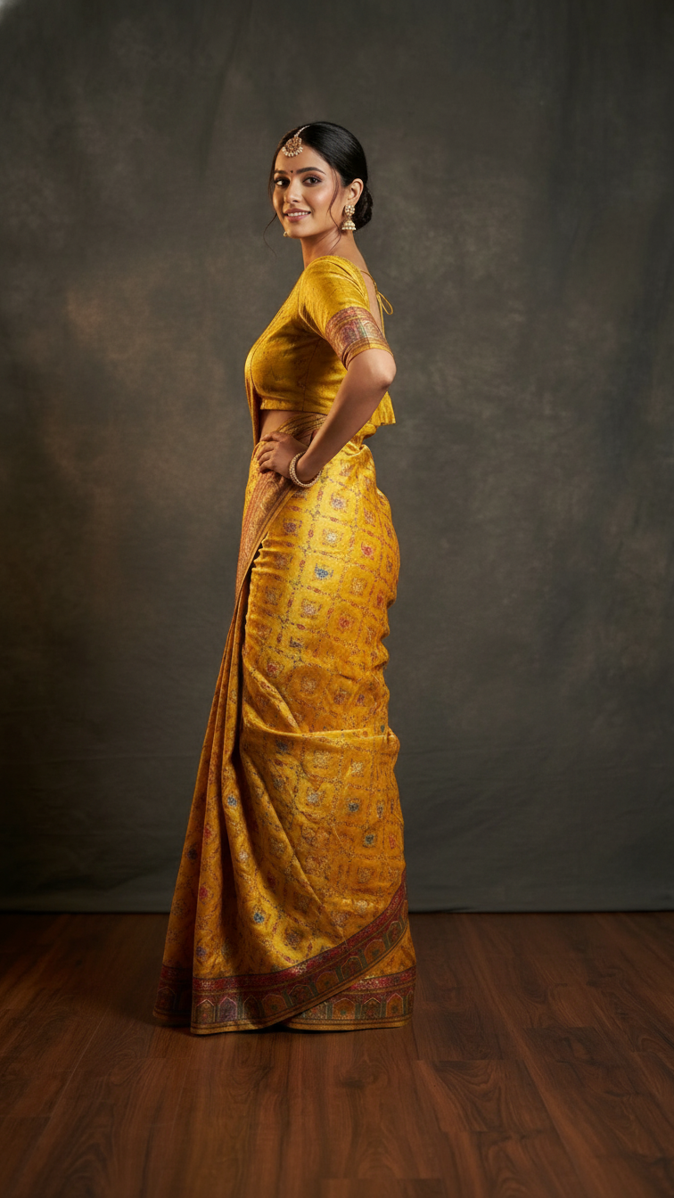 Yellow Fancy Satin Traditional saree with Position Print