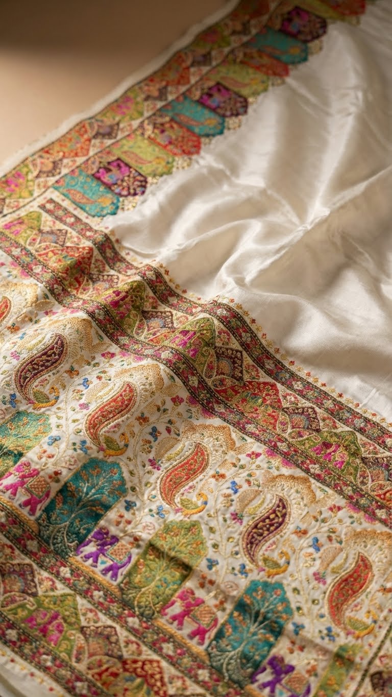 Cream Satin Saree with Multicolor Traditional Border with Position Print