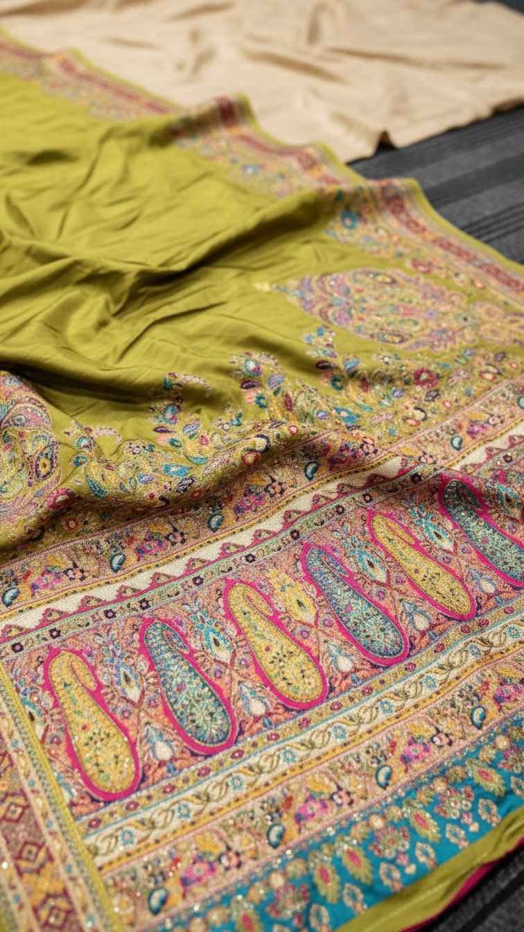 Oilve Green Jacquard Viscose Saree With Position print