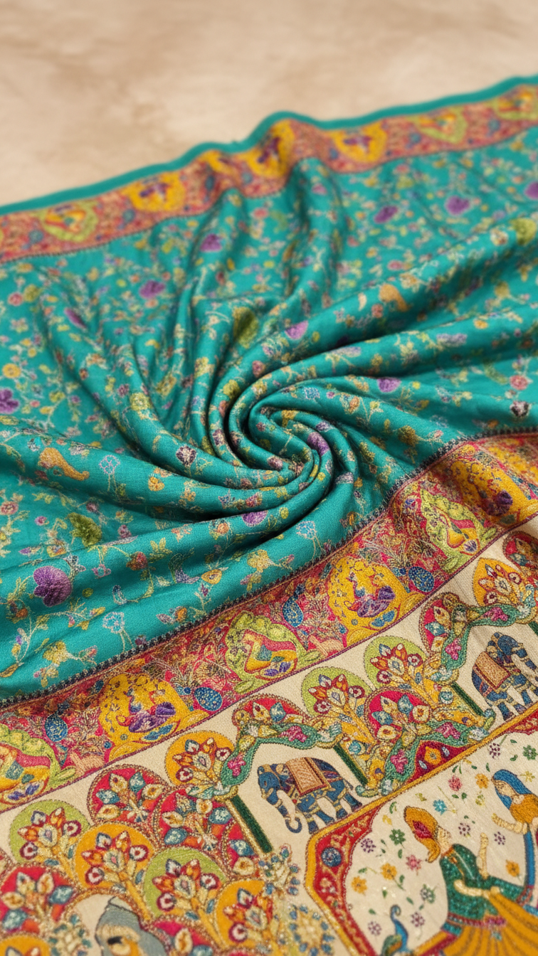 Dola silk Rama jacquard viscose Saree with Multicolor Floral Border