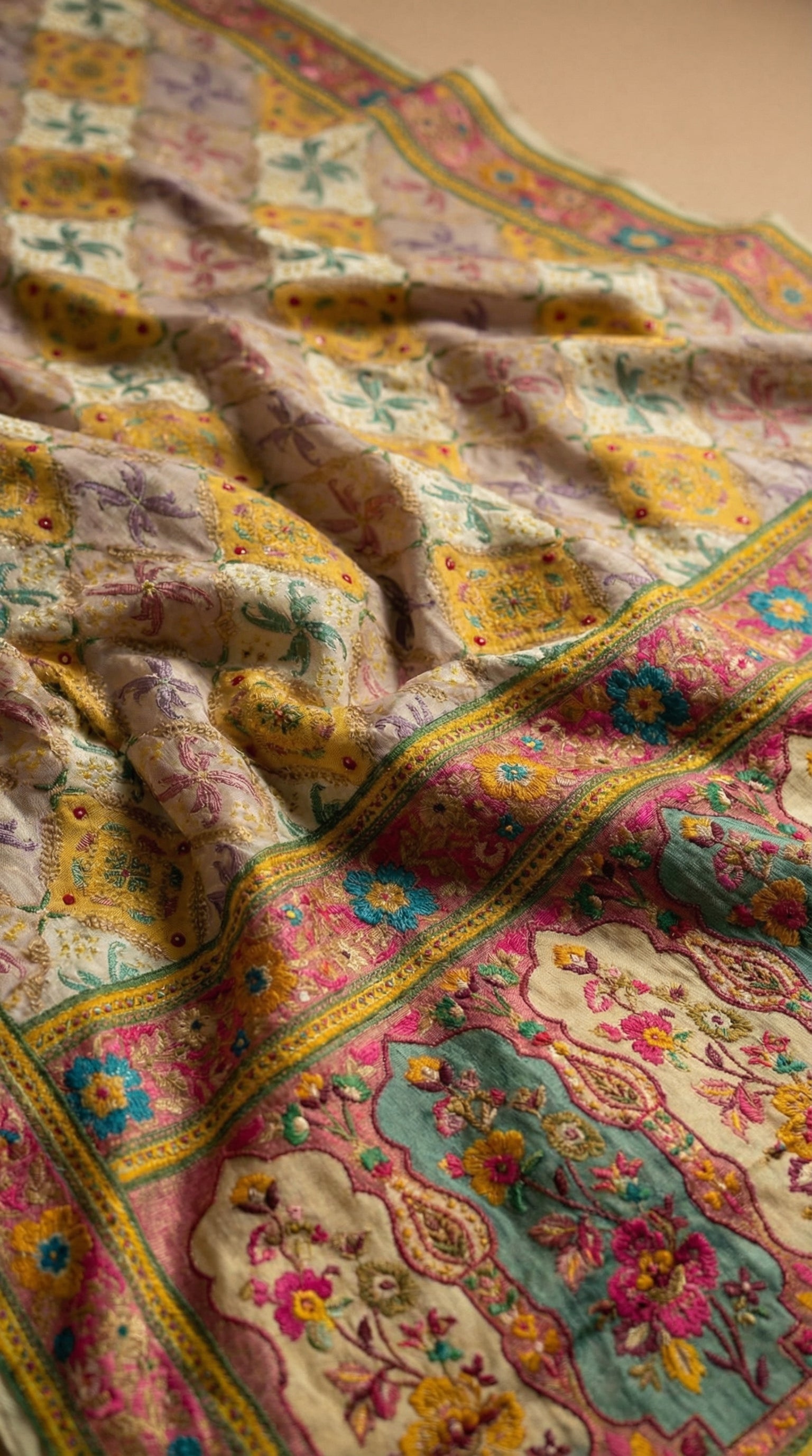 Cream Satin Saree with Multicolor Traditional Border with Position Print