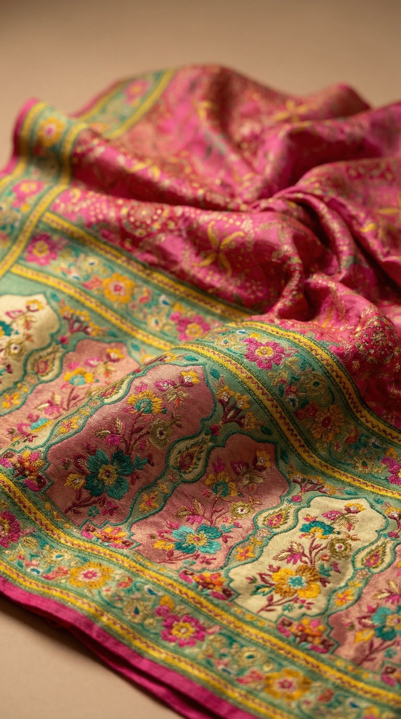Rani Satin Saree with Multicolor Traditional Border with Position Print