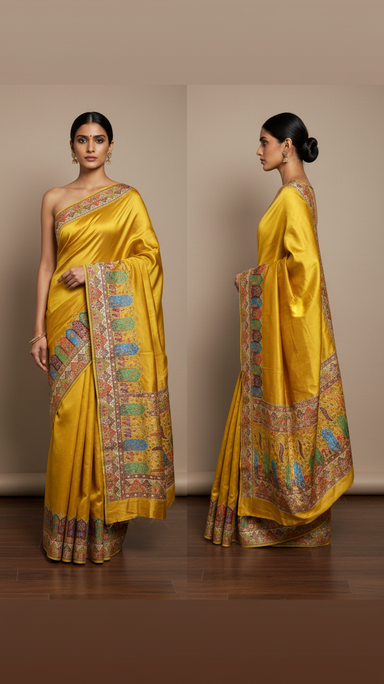 Yellow Satin Saree with Multicolor Traditional Border with Position Print
