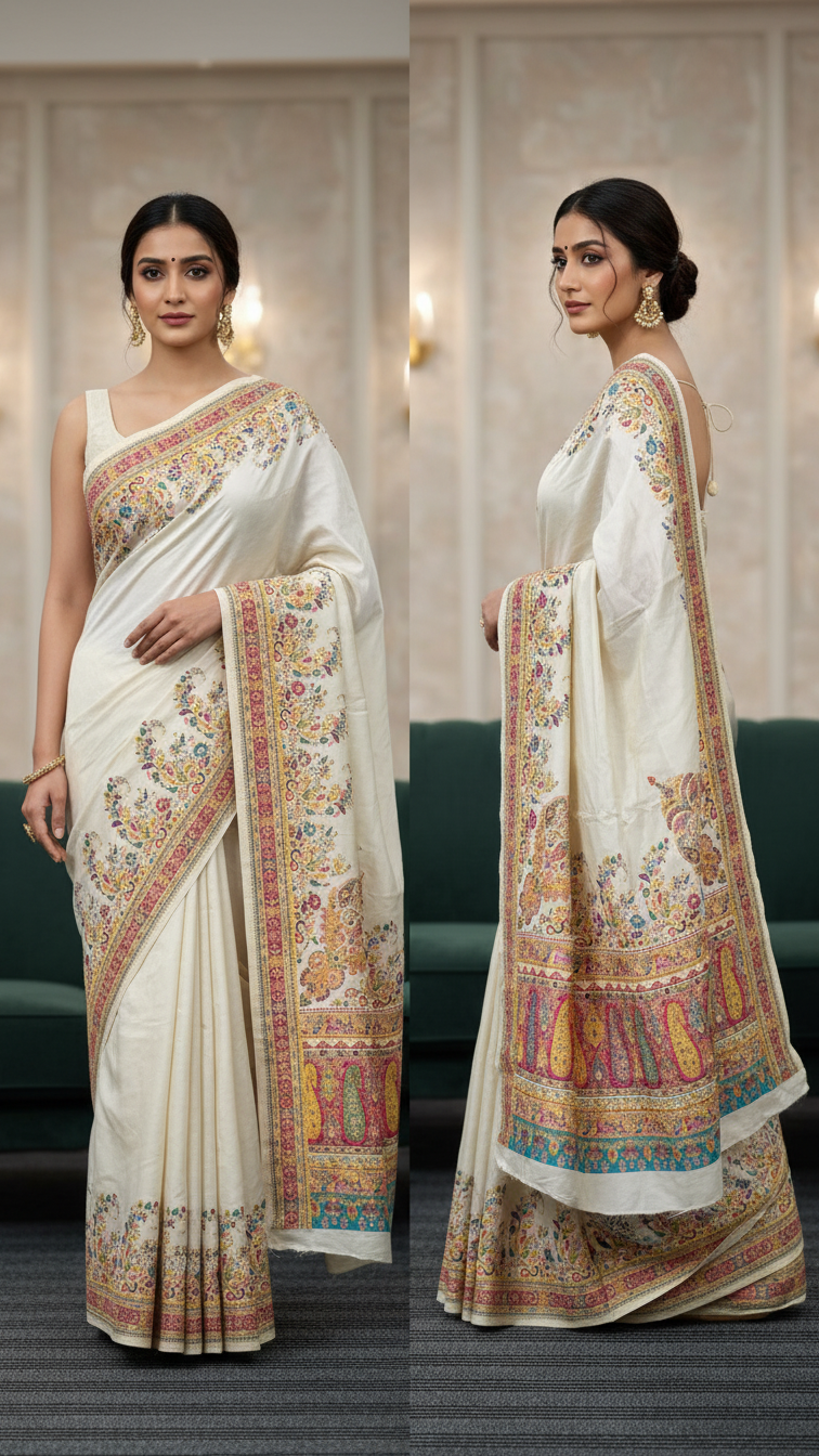 Cream Jacquard Viscose Saree With Position print