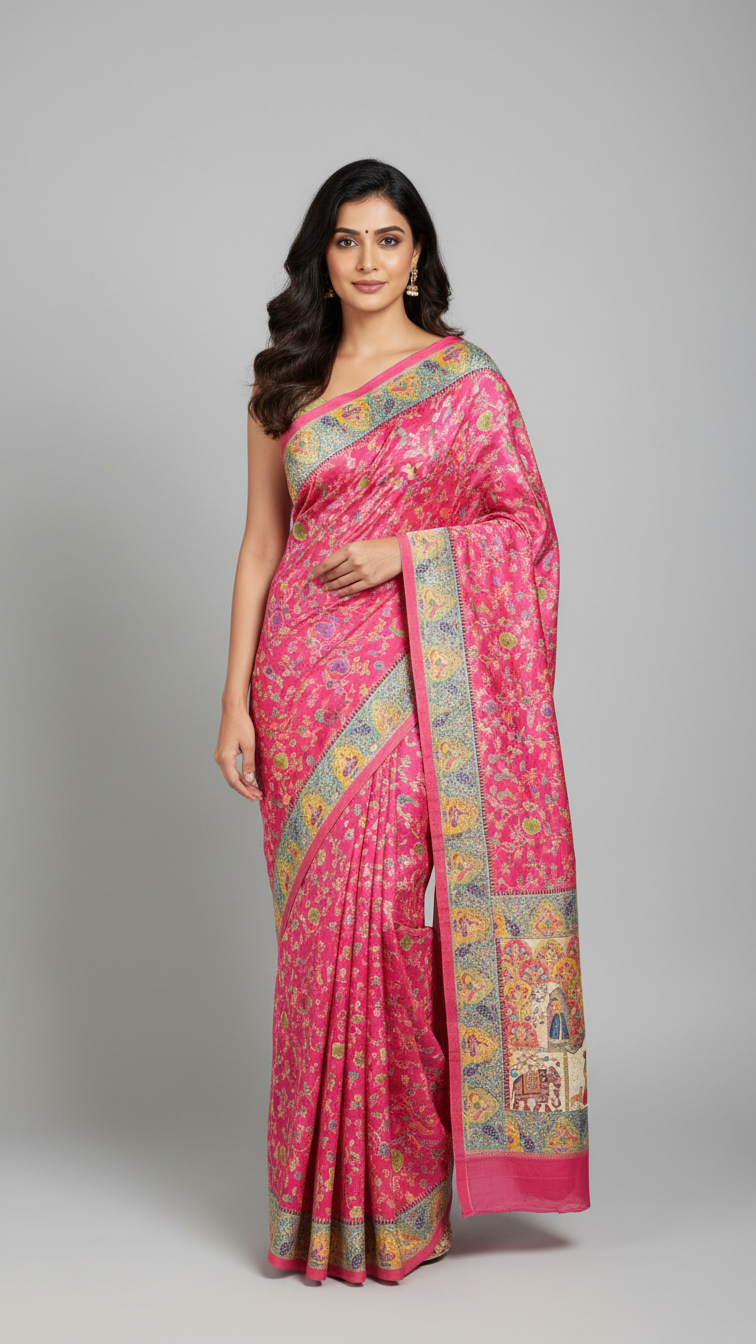 Dola silk Rani jacquard viscose Saree with Multicolor Floral Border