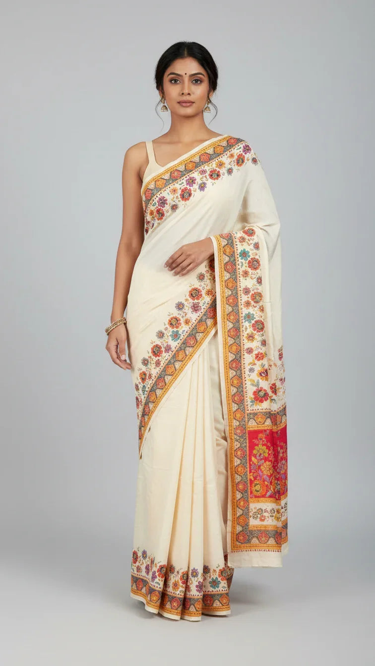 Dola silk Cream jacquard viscose Saree with Multicolor Floral Border & Rich Magnet pallu