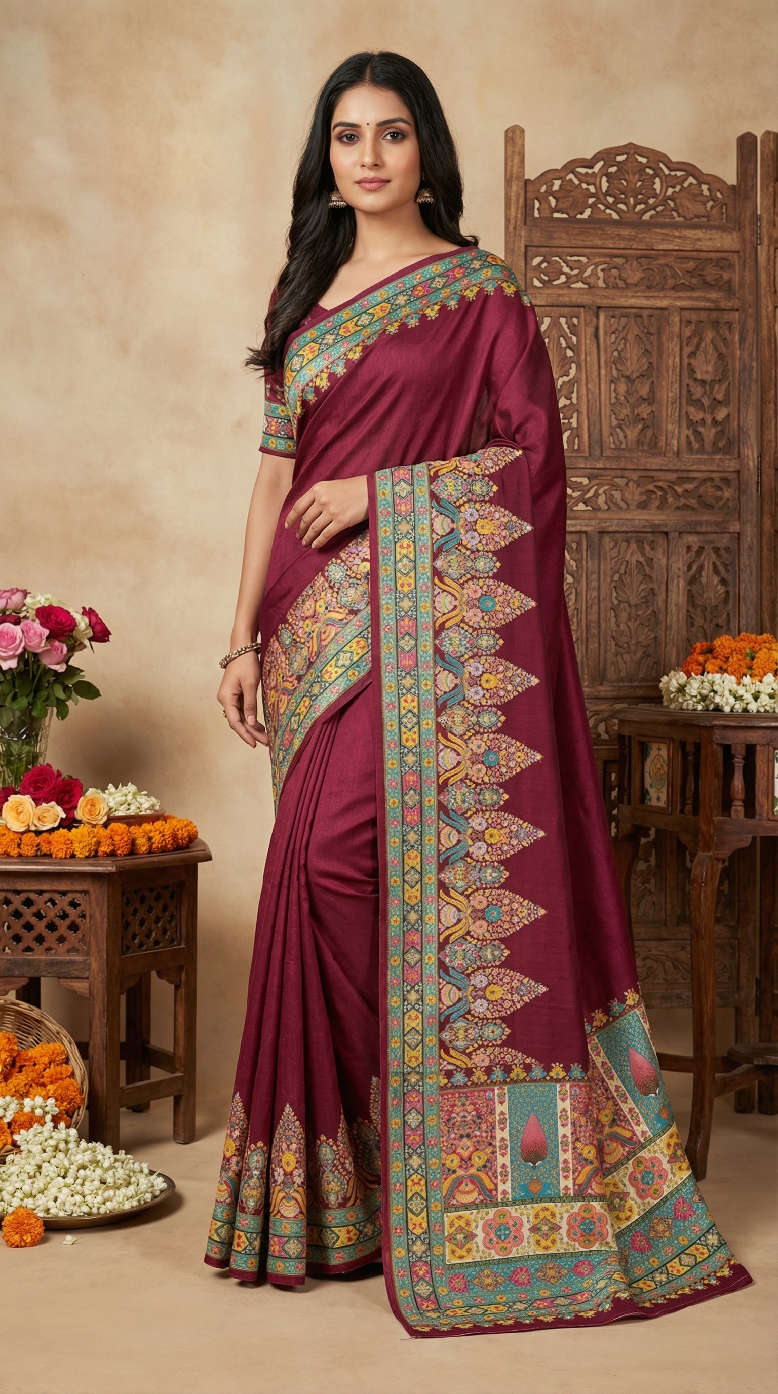 Ivory wine Dola Silk jacquard viscose Position Saree