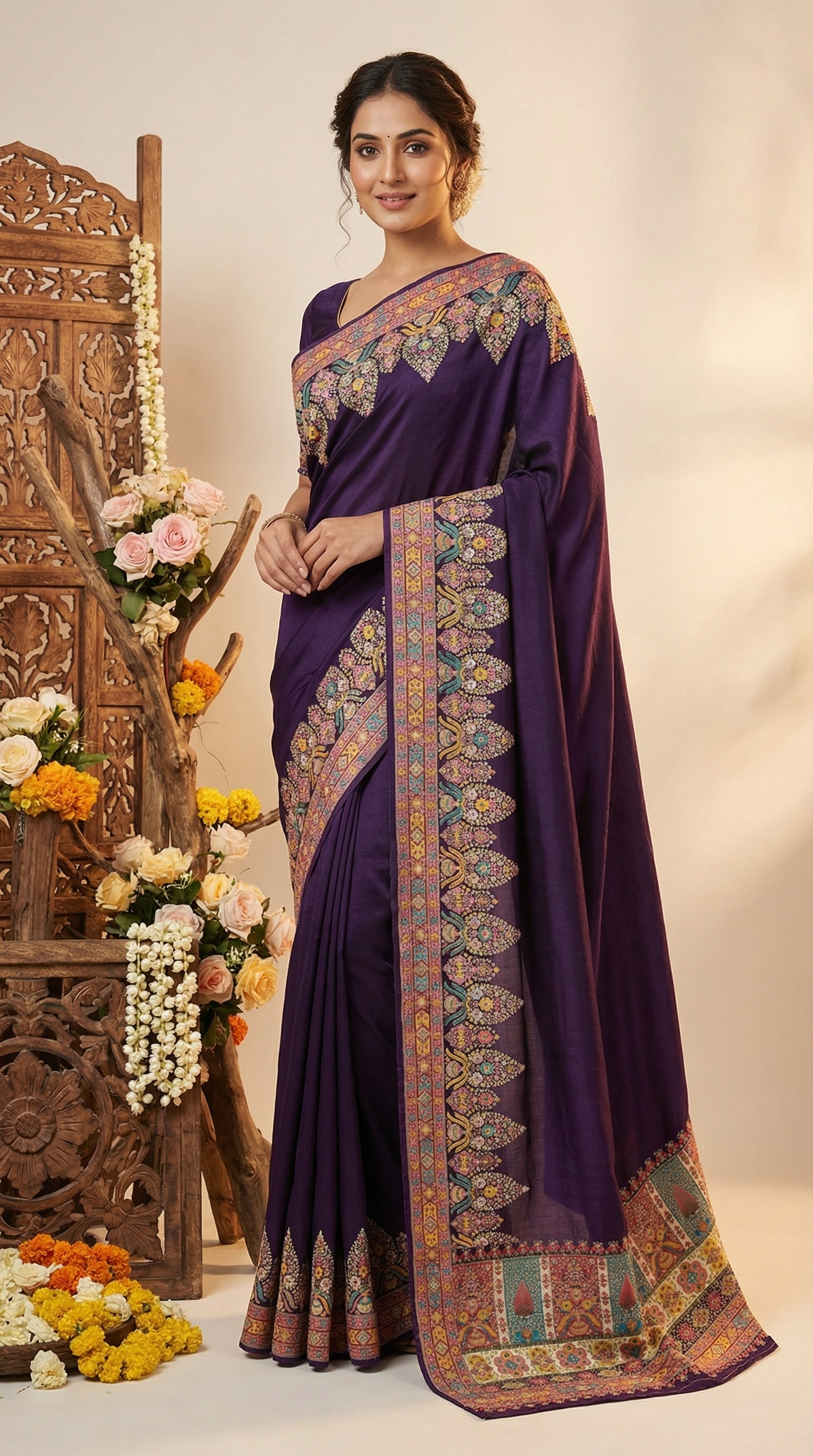Ivory Purple Dola Silk jacquard viscose Position Saree