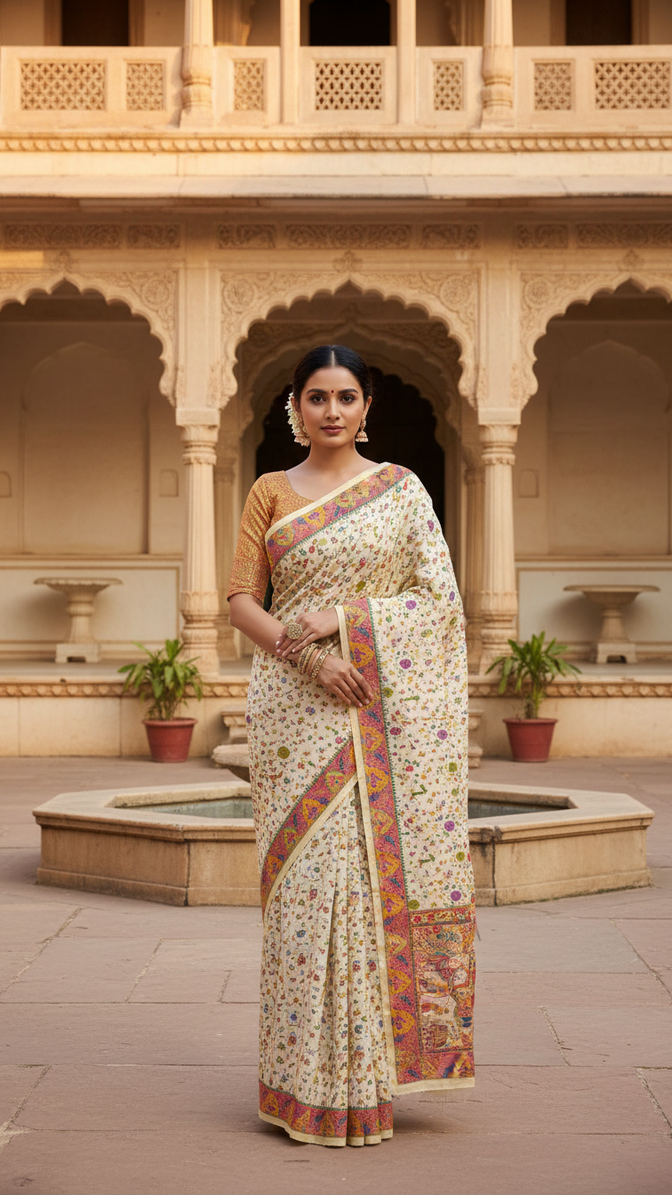 Dola silk Cream jacquard viscose Saree with Multicolor Floral Border