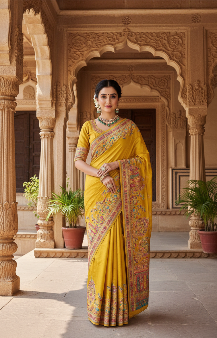 Yellow Jacquard Viscose Saree With Position print