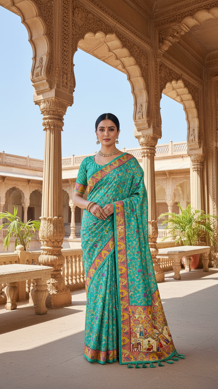 Dola silk Rama jacquard viscose Saree with Multicolor Floral Border