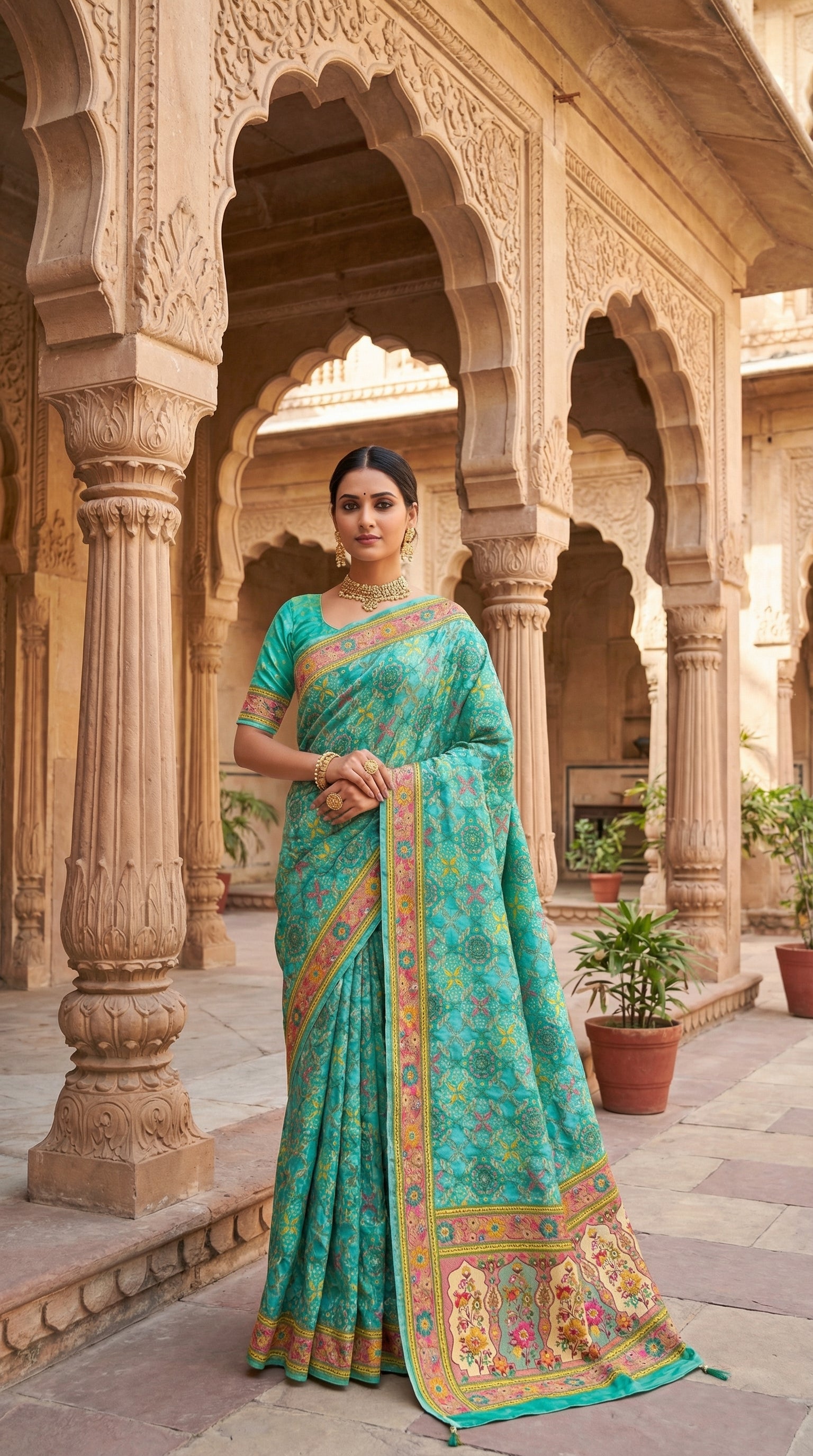 Rama Satin Saree with Multicolor Traditional Border with Position Print