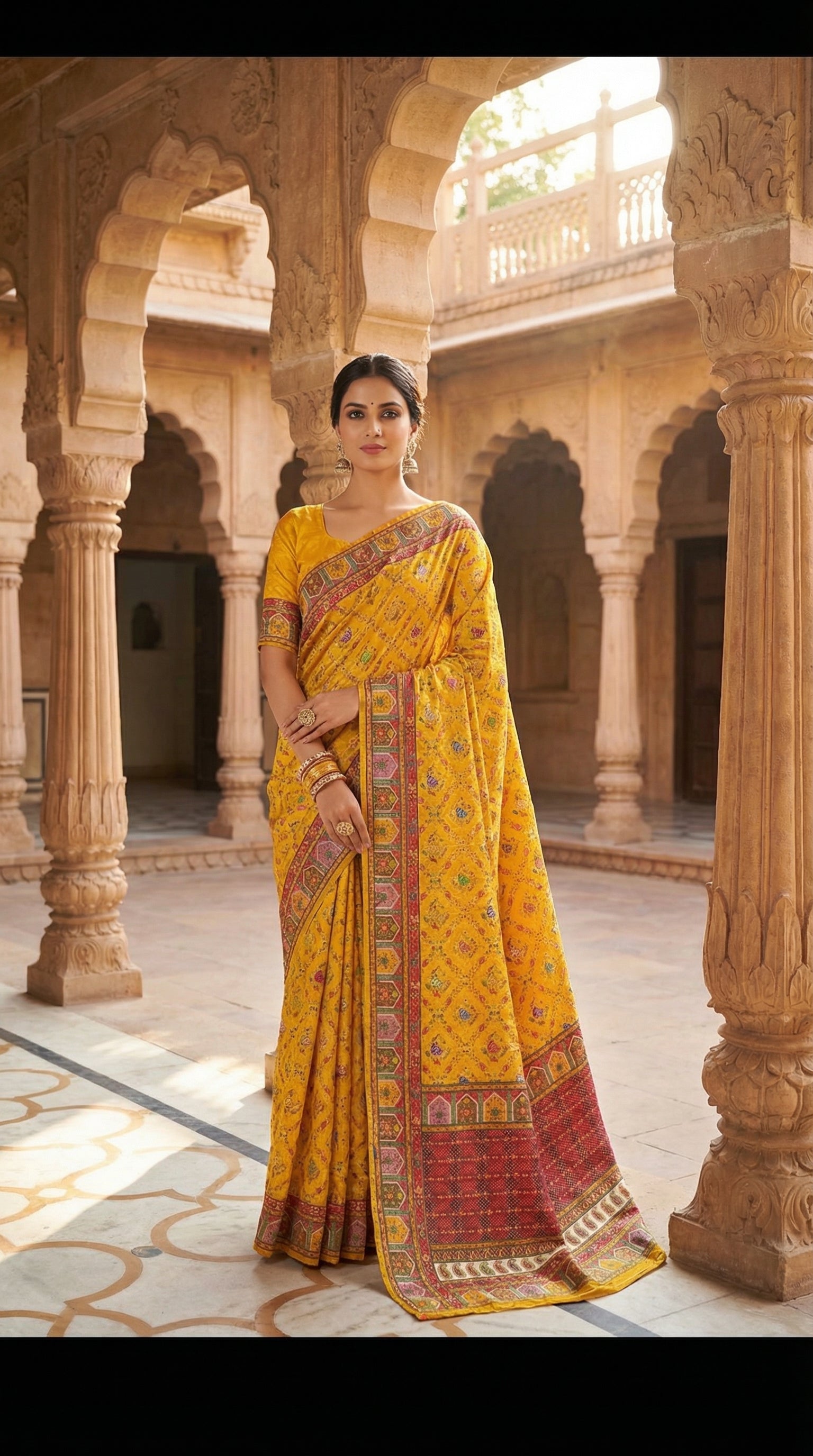 Yellow Fancy Satin Traditional saree with Position Print