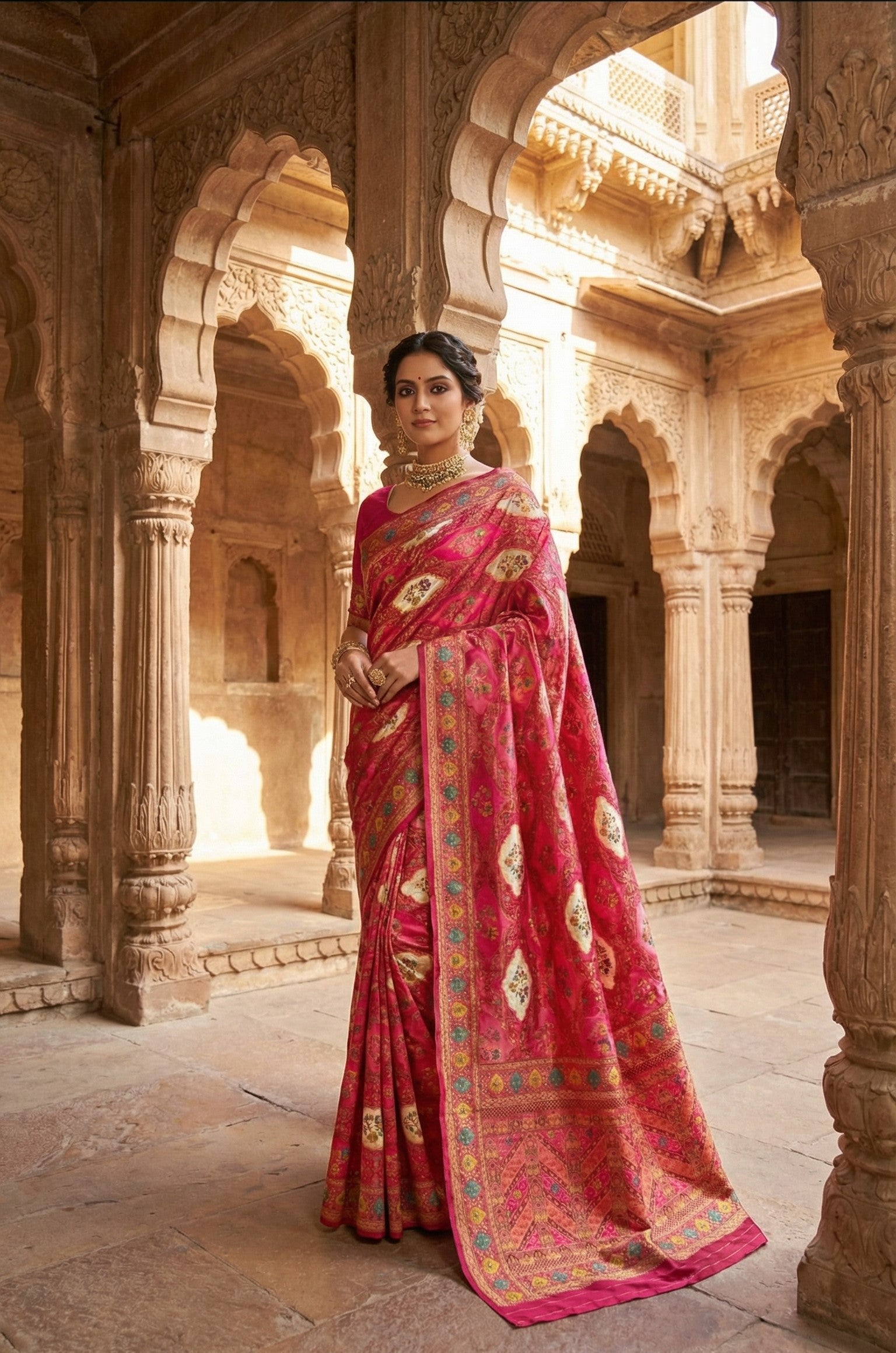 Multi Rani Satin Silk Saree with Position Print