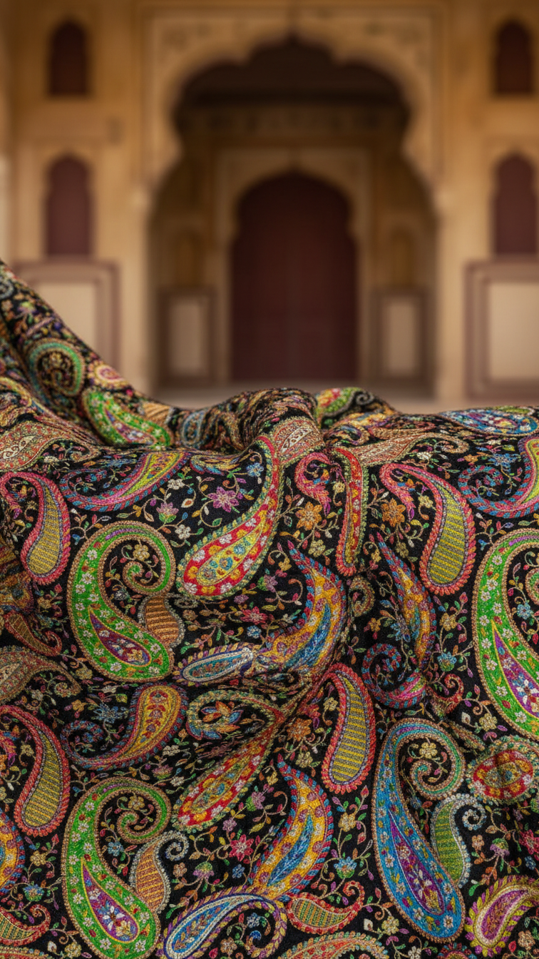 Black Position Print embroidery Crepe Kurta only Fabric