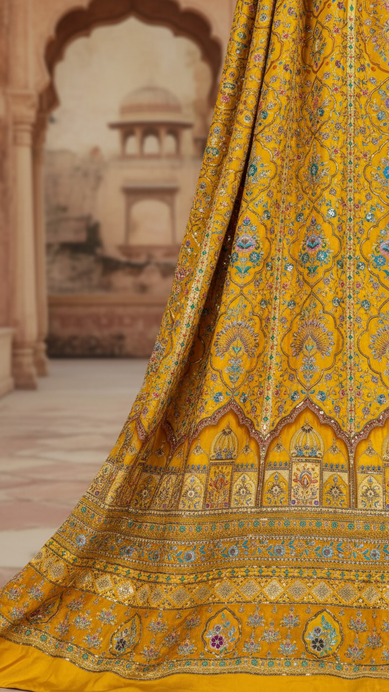 Royal Mustard Yellow Embroidered Bridal Lehenga Set Only Fabric