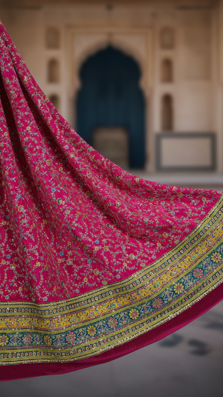 Zari with Sequins Floral Position Print On Rani Pure Crepe Fabric