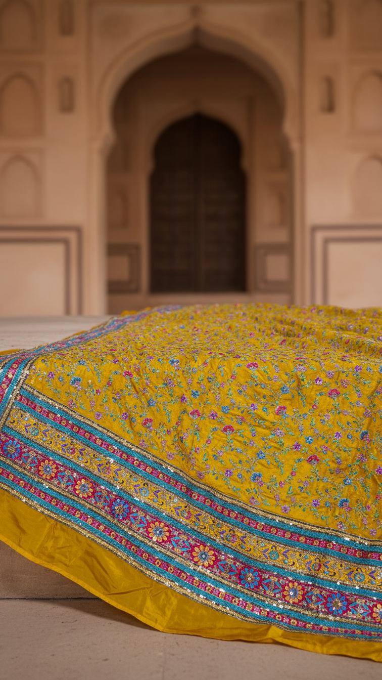 Zari with Sequins Floral Position Print On Mustad Pure Crepe Fabric