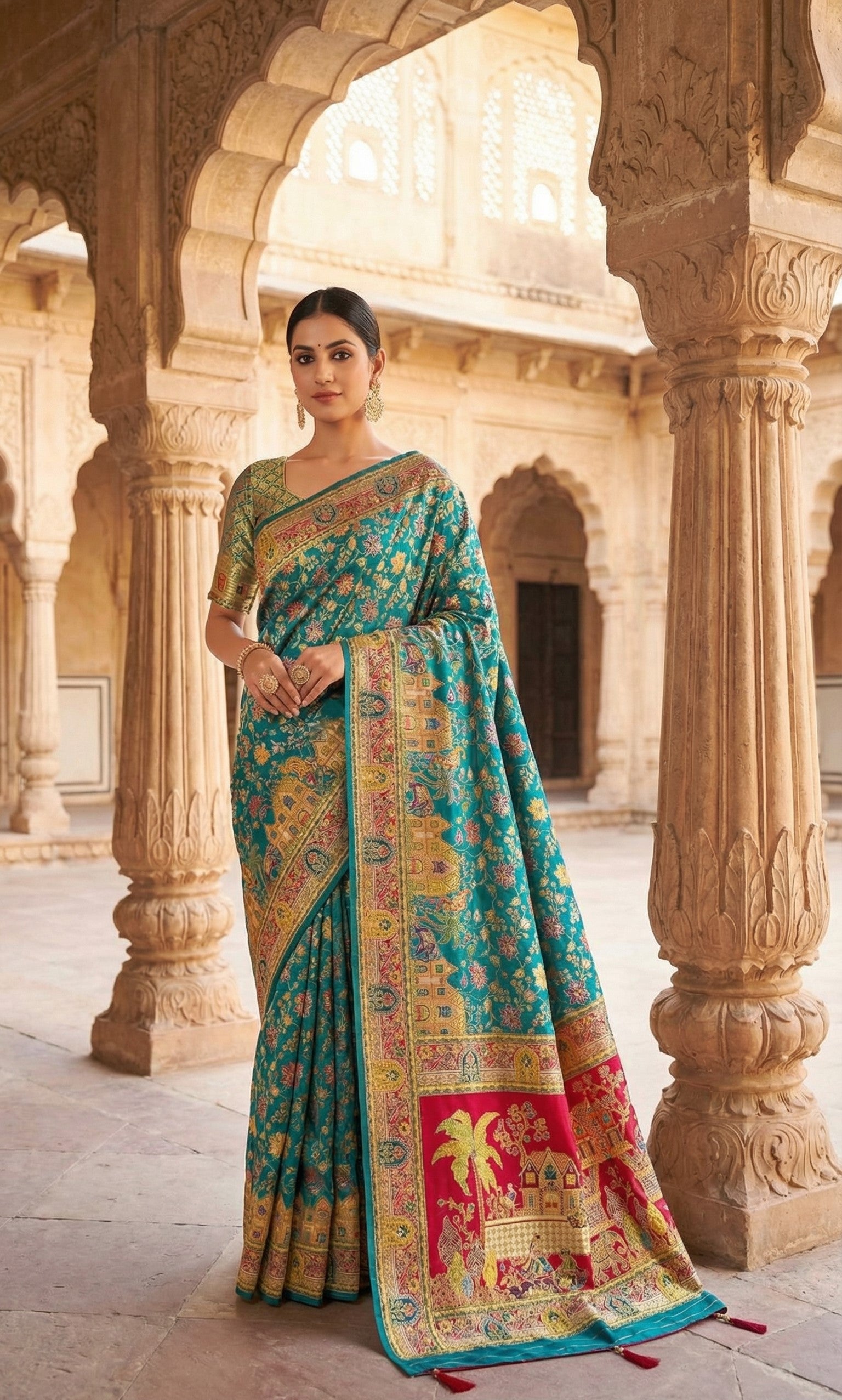 Dola silk Rama jacquard viscose Saree with Multicolor Floral Border