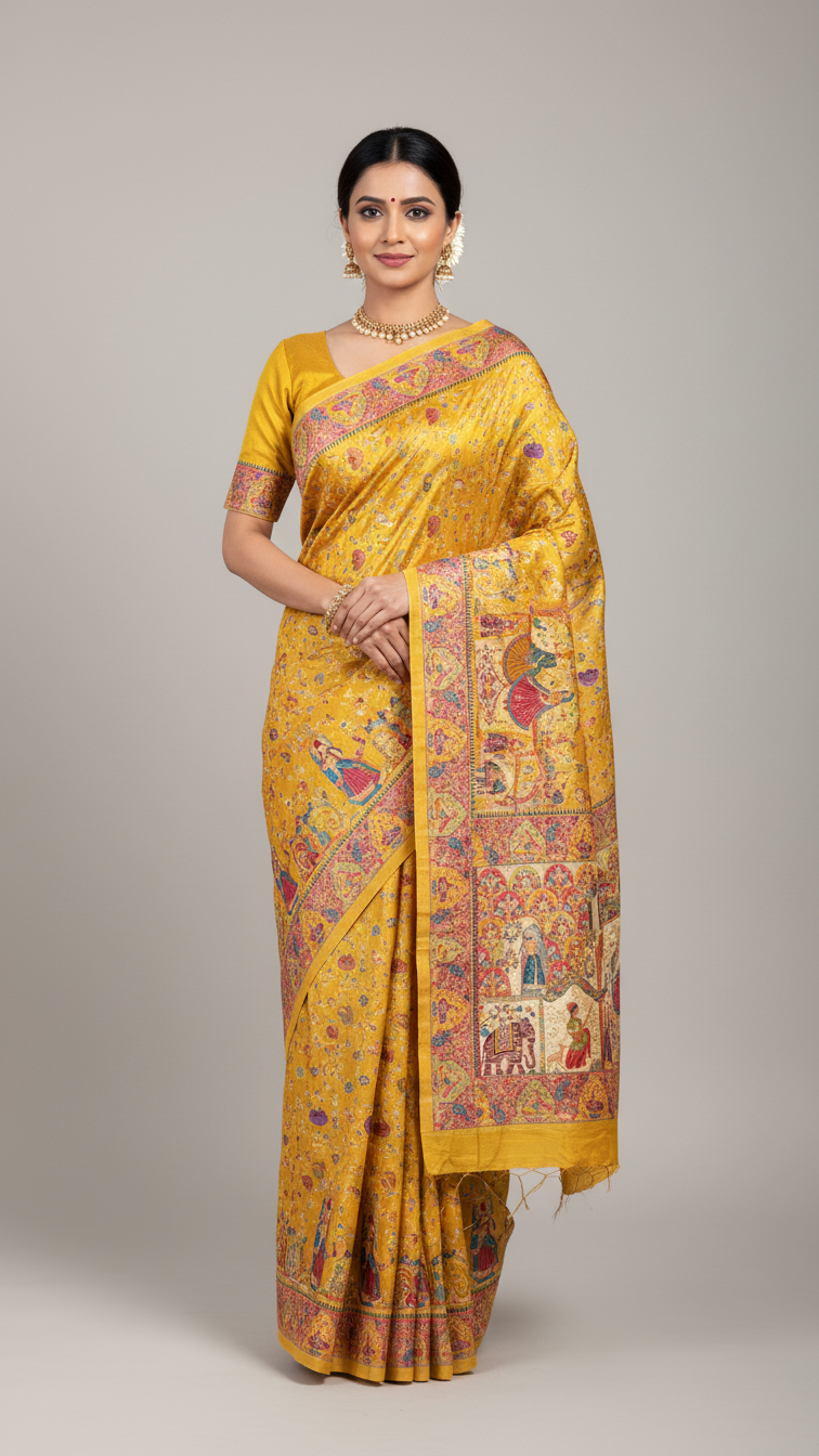 Dola silk Yellow jacquard viscose Saree with Multicolor Floral Border