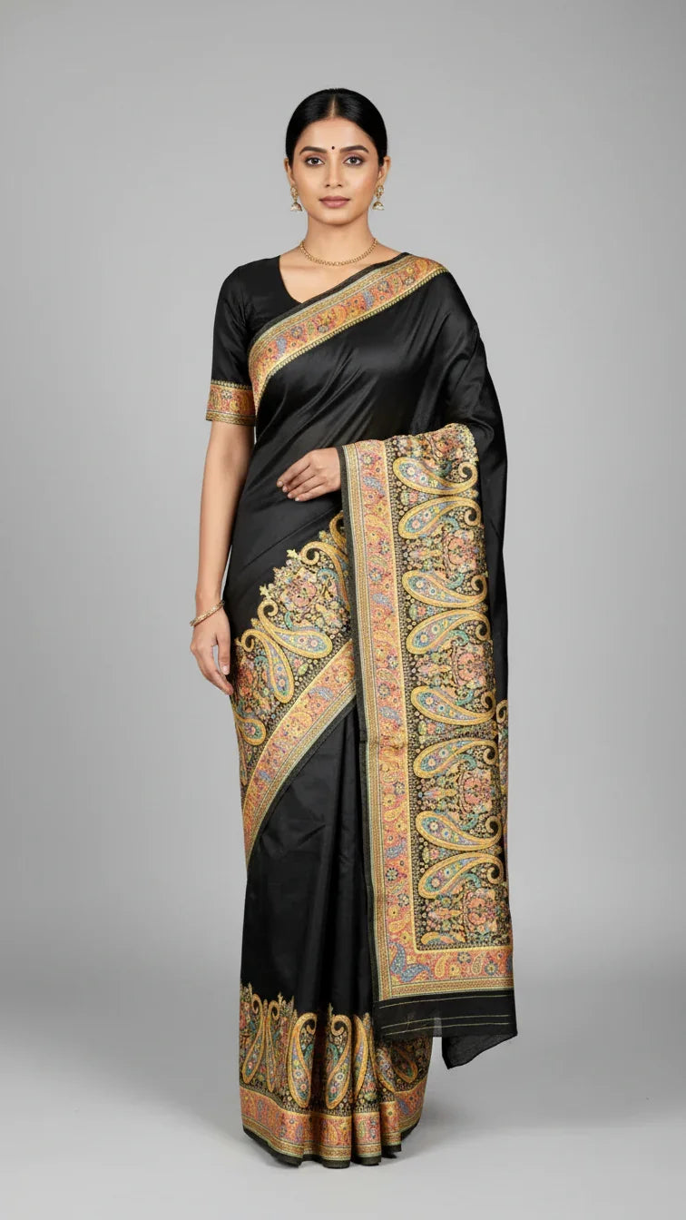 Elegant Black Jacquard Viscose Saree With Position print
