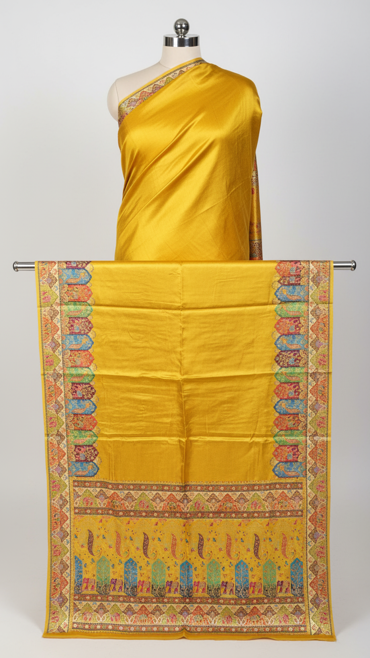Yellow Satin Saree with Multicolor Traditional Border with Position Print