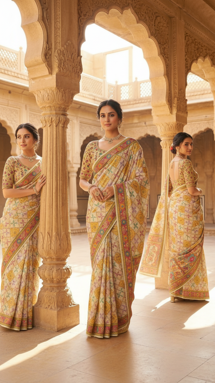Cream Satin Saree with Multicolor Traditional Border with Position Print